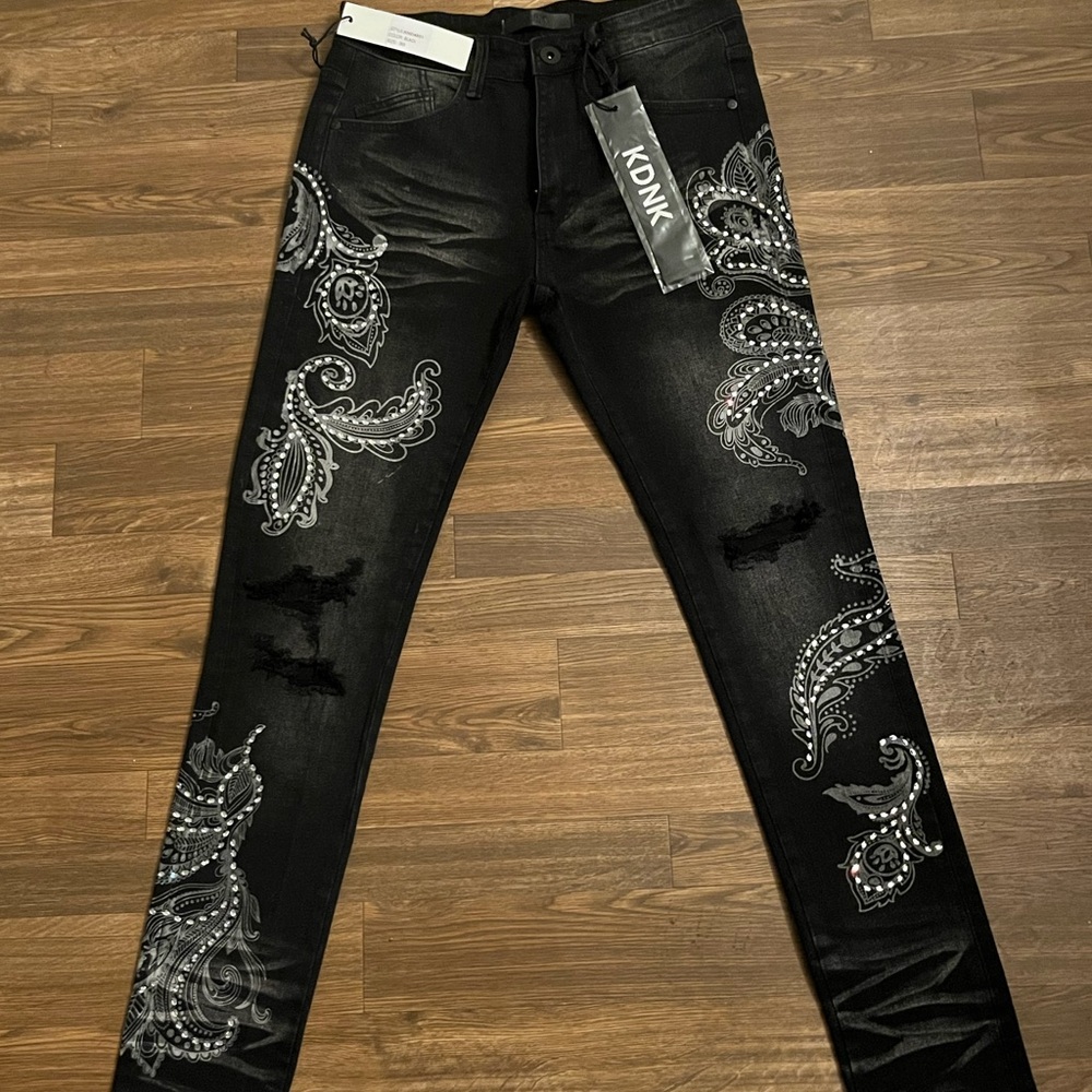 KONK Black Jeans with Silver Paisley Design